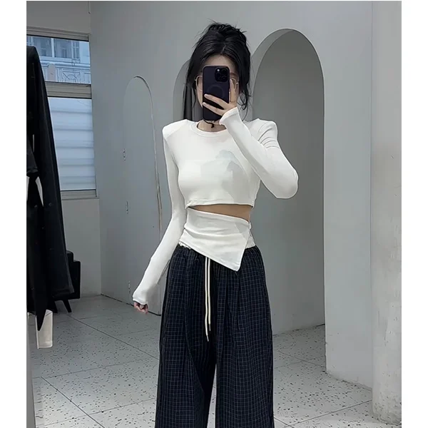 

Футболки с длинными рукавами, женские свободные посадки, удобные хлопковые топы с рюшами по подолу, дышащая ткань, ретро, весенний офисный повседневный стиль