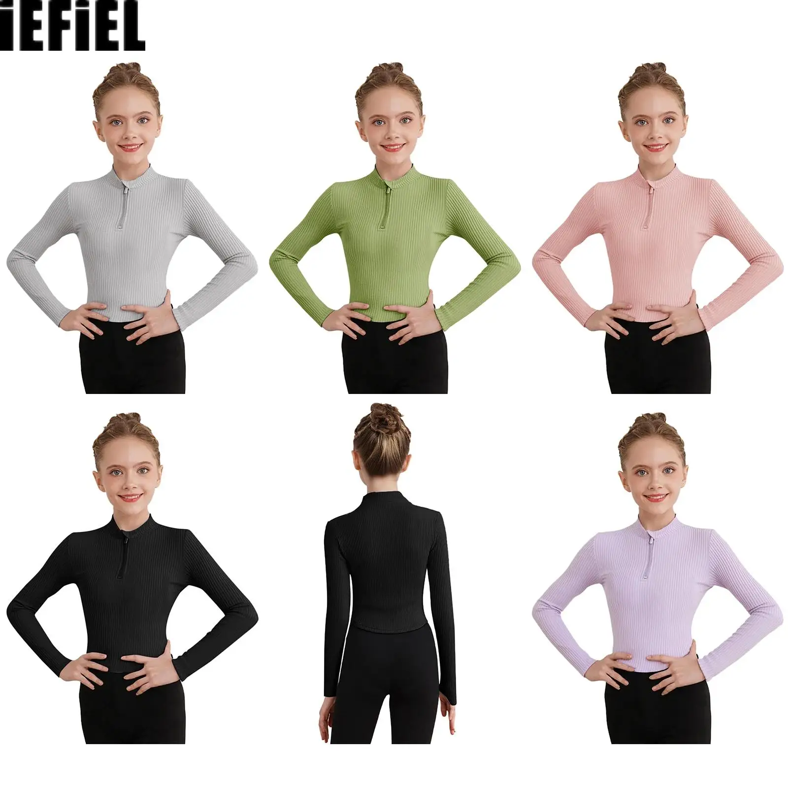 

Kids Girls Casual Ribbed Ballet Tops Stand Collar Long Sleeves Thumbhole Solid Color Zip-Up Pullover Tops Dancewear