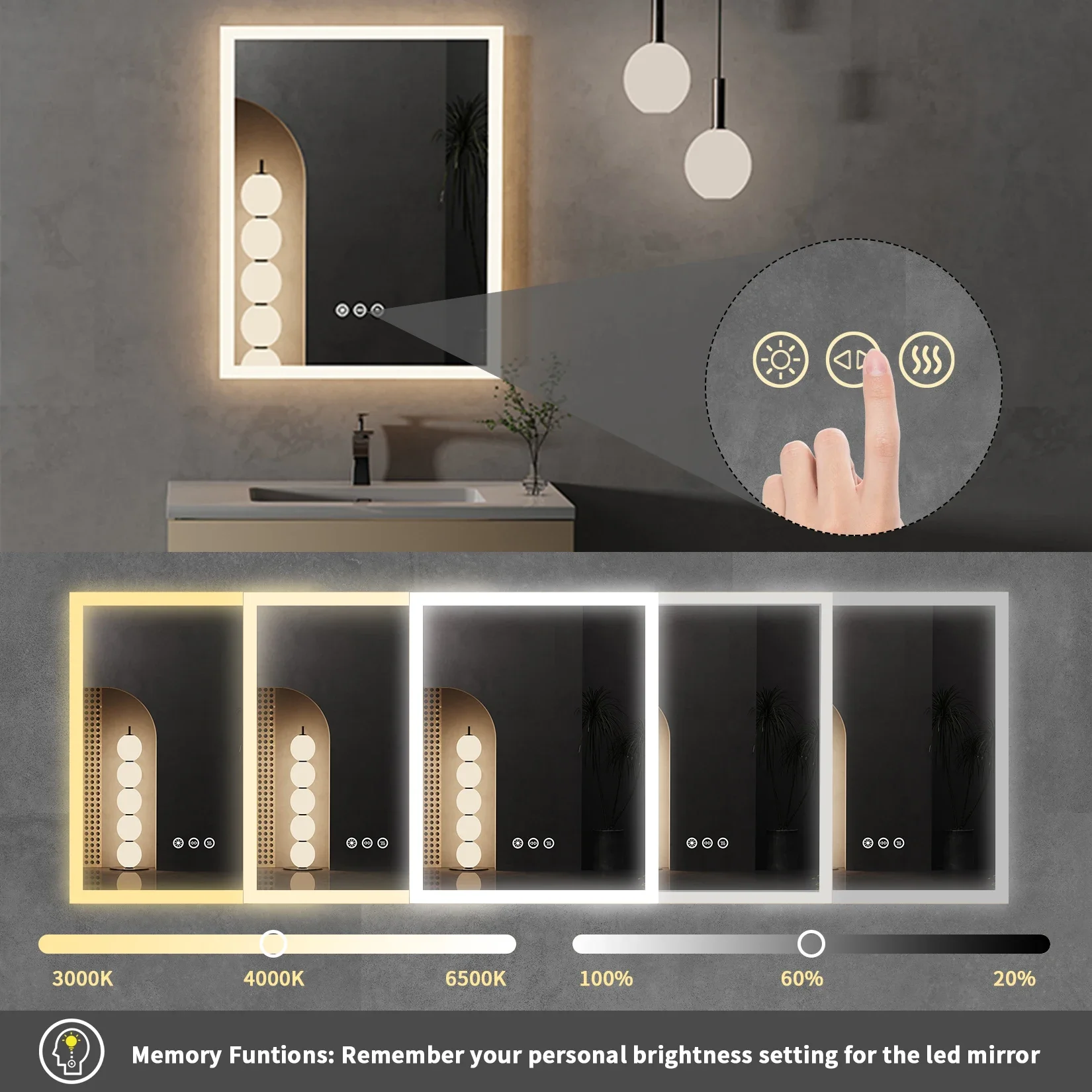 LED Lighted Bathroom Mirror with Anti-Fog, Wall Mounted Vanity Mirror with Smart Touch Button, Memory Function