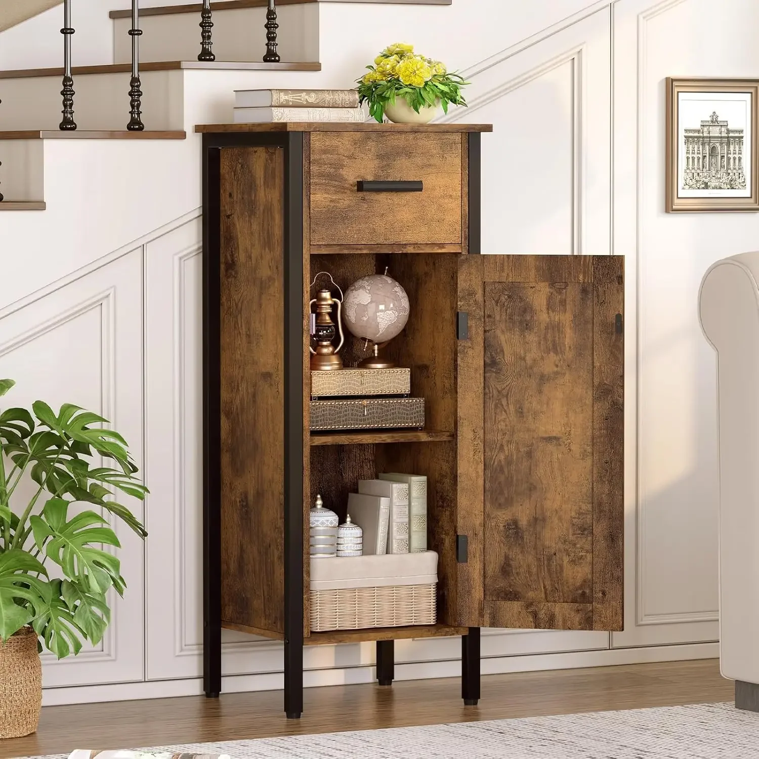 خزانة تخزين، خزائن صغيرة مع رف قابل للتعديل، خزانة ضيقة مع باب ودرج، منضدة، تخزين صغير #4