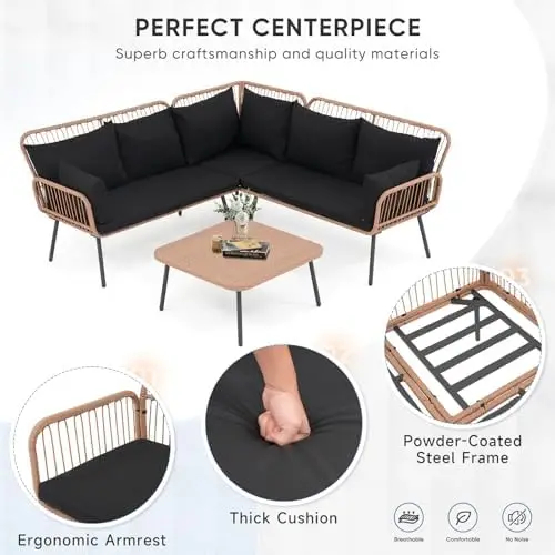 4-Piece Outdoor Wicker Patio Furniture Set with Cushions & Square Table, Black