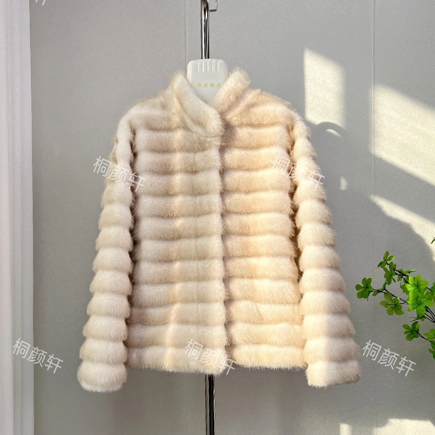 Abrigo de piel sintética de un solo pecho para mujer, chaquetas gruesas de felpa de invierno, elegante, a la moda, estilo coreano, cuello levantado, manga larga