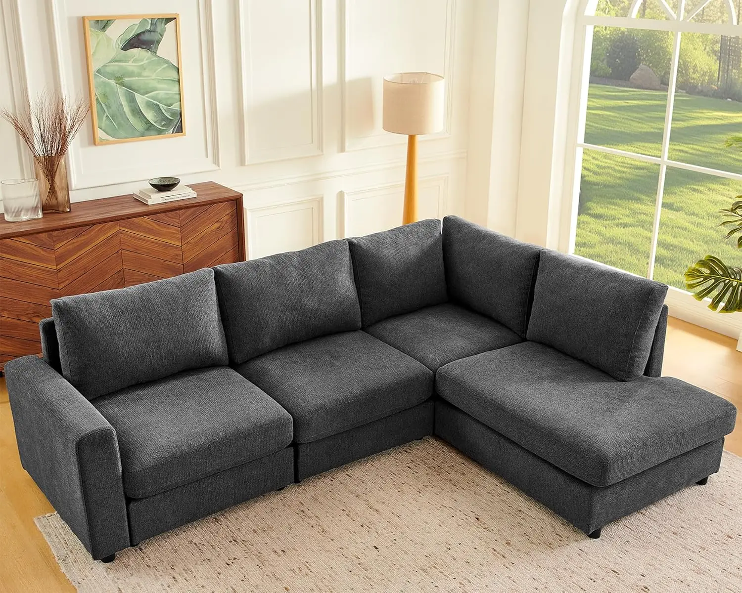 

100" L-Shaped Sectional Couch with Reversible Chaise, Modern 3-Seater Corner Sofa, Comfy Chenille Cloud Couches , Dark Grey