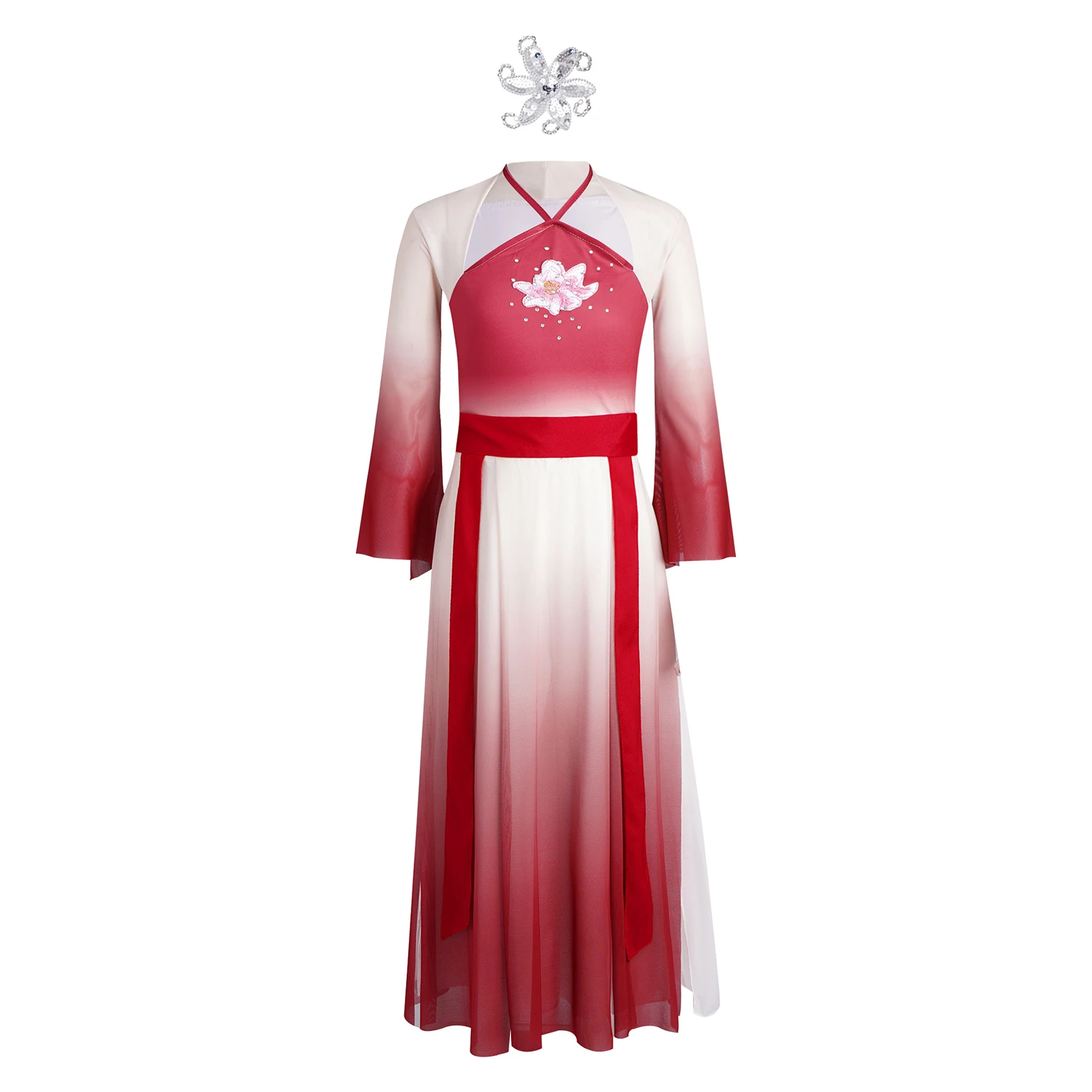 

Girls 4 Piece Modern Dance Costumes Flared Sleeve Sheer Mesh Dress with Wide Leg Pants Belt And Sequin Headwear for Dance Show