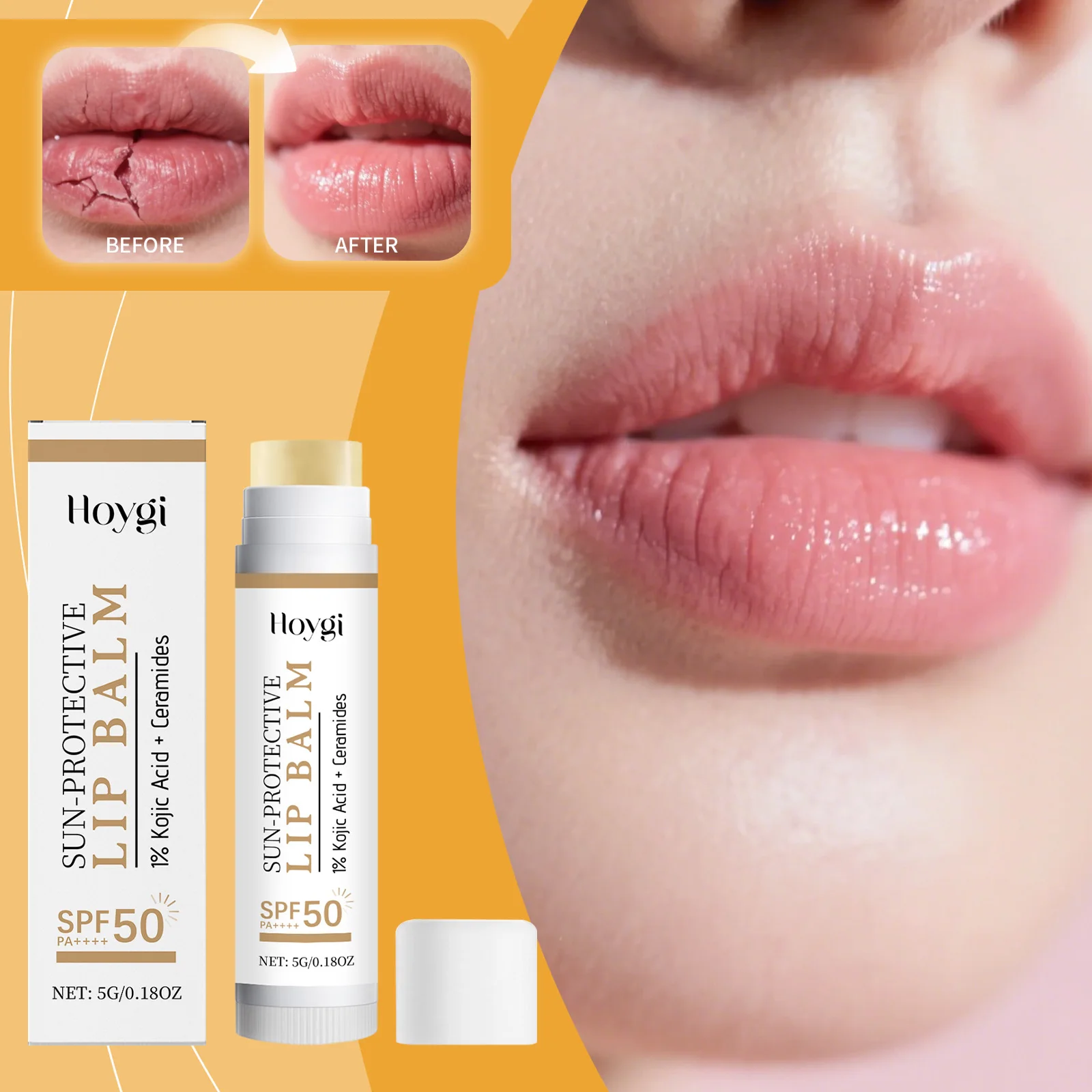 Hoygi SPF50 Sonnenschutz-Lippenbalsam mit Kojisäure-Ceramiden, feuchtigkeitsspendende, feuchtigkeitsspendende Lippenpflege für weiche, glatte Lippen, täglichen Gebrauch