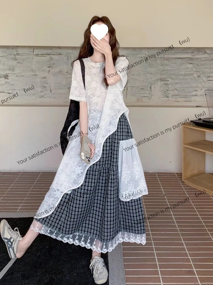 

ZOCI-кружевная рубашка, черно-белая клетчатая юбка, комплект из двух предметов