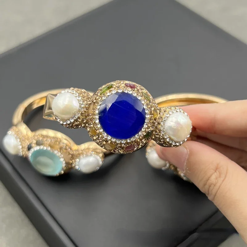 Natural Baroque Pearl Bangles Round Cat Eye Stone Fashion Cuff Bracelets for Women Evening Dress Small and Luxury Jewelry