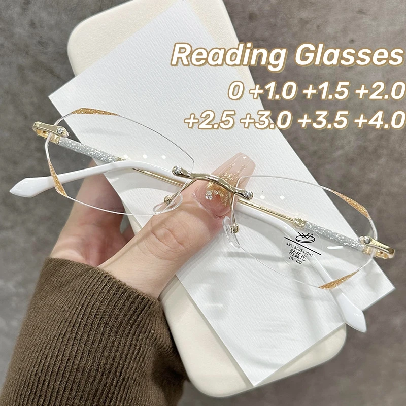 

Fashionable Frameless Cut Edge Presbyopia Eyewear Diamond Studded Reading Glasses for Women Anti Blue Light Far Sight Glasses