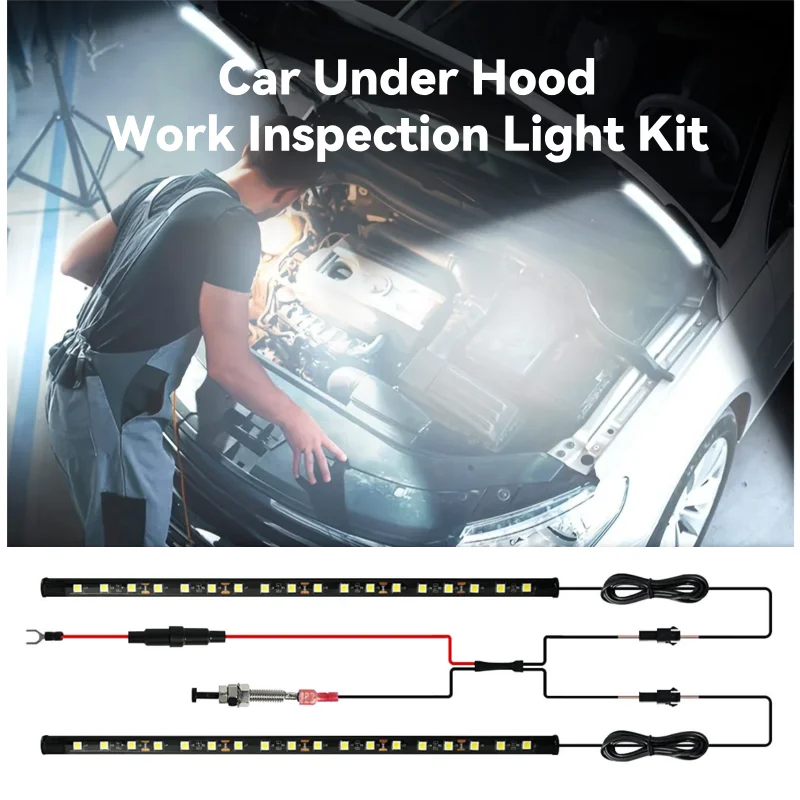

Universal LED Car Under Hood Work Inspection Light Kit Waterproof 12V White LED Strip Light Bars Car Hood Light Fits Any Vehicle