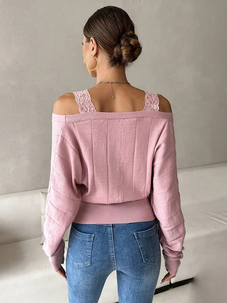 Women s Cold Shoulder Sweaters Long Sleeve Wrap V Neck Solid Color Knit Tops Loose Jumpers