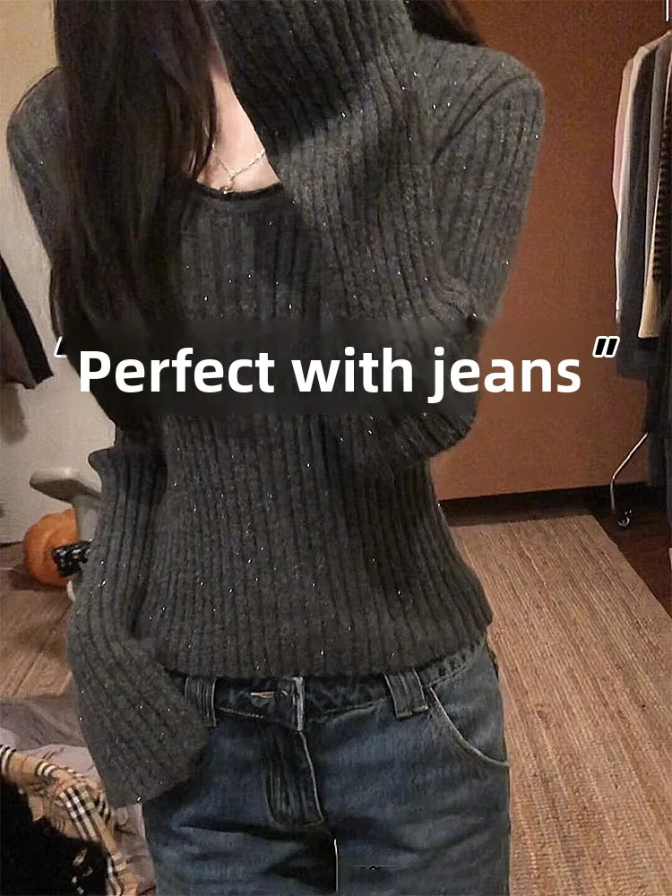 

Elegant Deep Grey Shiny Thread Knitted Base Shirt Women's Spring Autumn Winter Thickened Sweater Inner Wear Outer Wear Fashio...