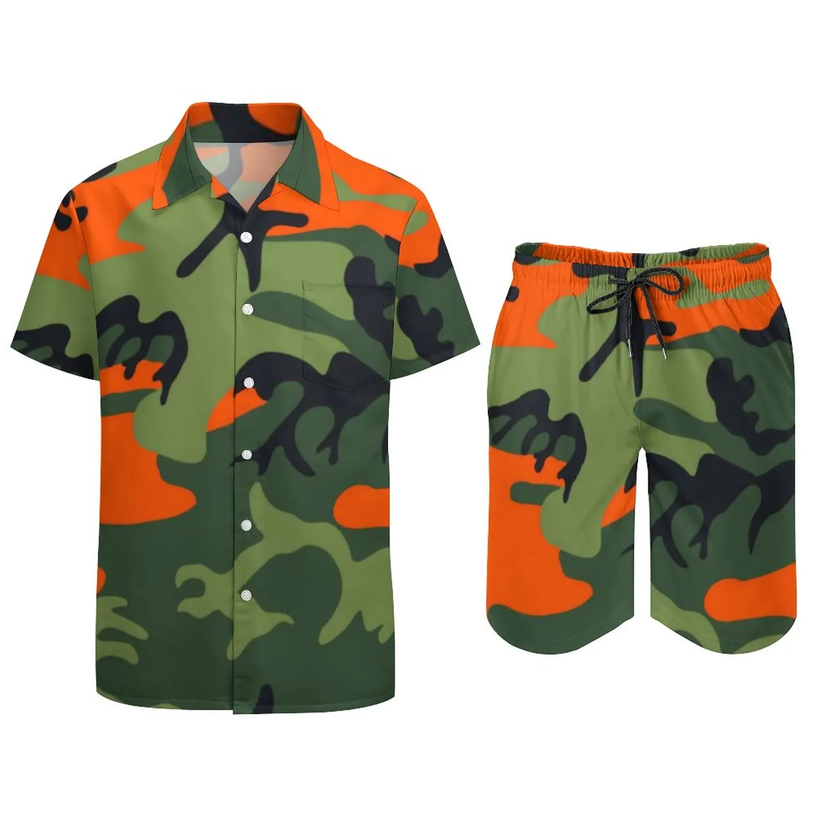 Orange And Green Camo Men Sets Army Vector Camouflage Aesthetic Casual Shirt Set Short Sleeve Shorts Summer Fitness Outdoor Suit