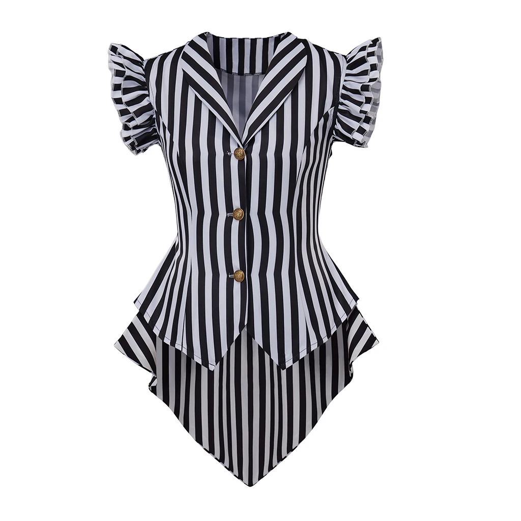 Abrigo gótico Steampunk para mujer, chaqueta con cuello de solapa a rayas, chaqueta victoriana Punk con cuello en V, Tops, disfraz diario de Halloween para mujer