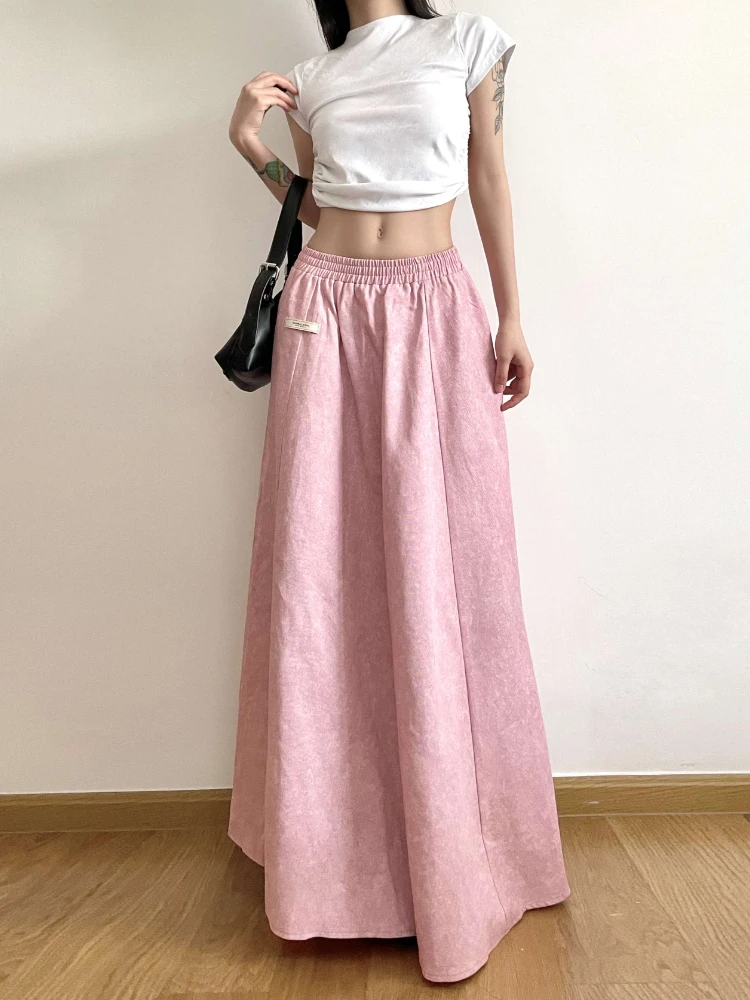 Korobov French Temperament Pink Half Skirt Elastic Waist Casual A-line Skirt Niche Y2k Long Skirt Summer Vintage Fashion Faldas