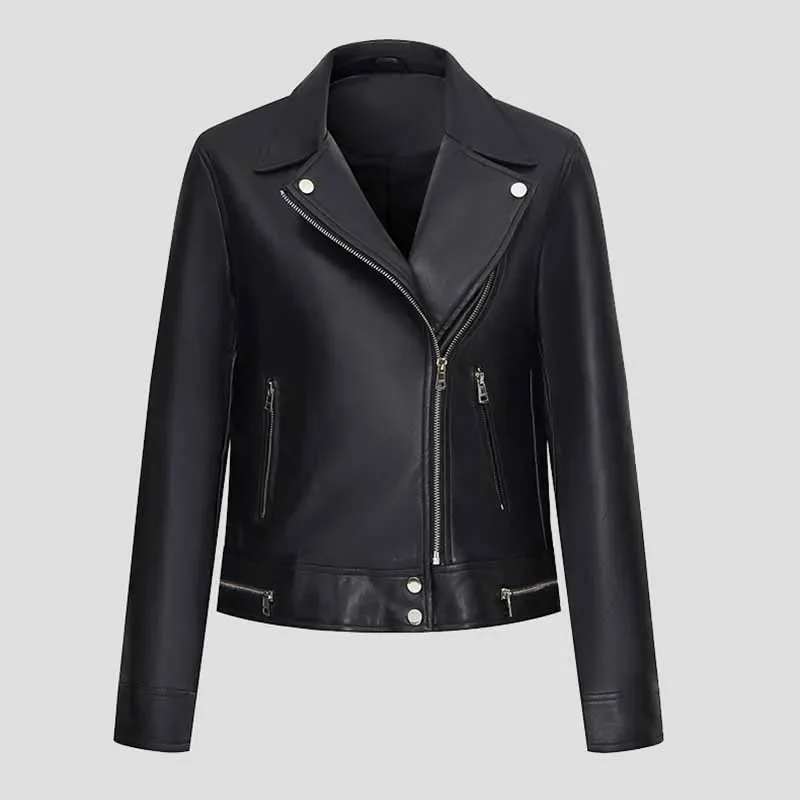 Women  Black Leather Jacket Vintage Zipper Turndown Collar Motorcycle Short Chic Faux Leather Coat Autumn New