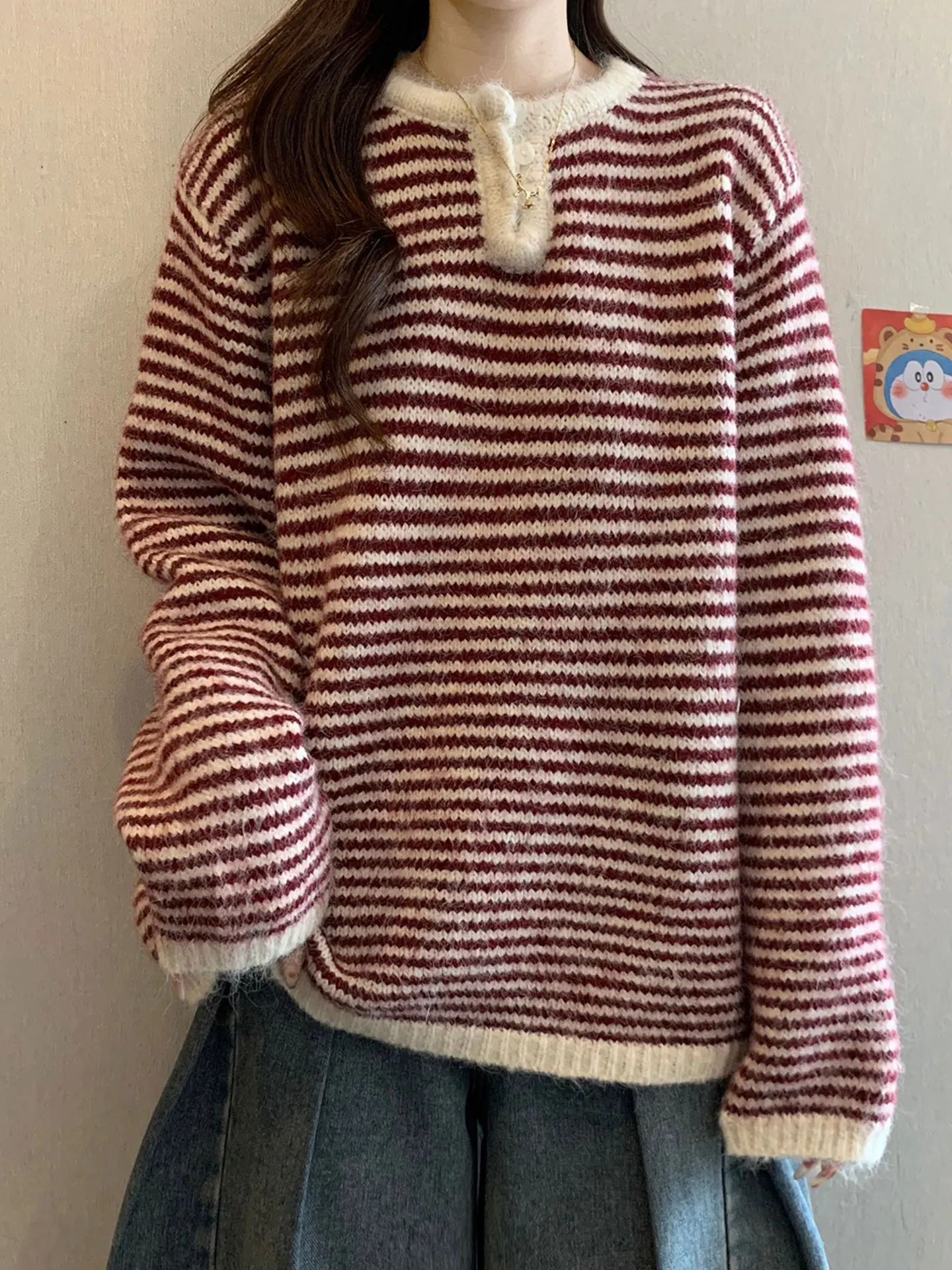 

Red Striped Long Sve Knitted Sweater Loose Fit Casual Sle plus Size Women's Base Layer irt Autumn Winter plus Size