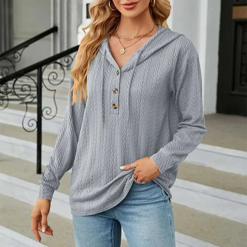 

Autumn Ribbed Loose 2024 Femme Hoodies Long Sleeve Streetwear Warm Winter Hooded Buttons Sweatshirt V-neck Elegant Ropa De Mujer