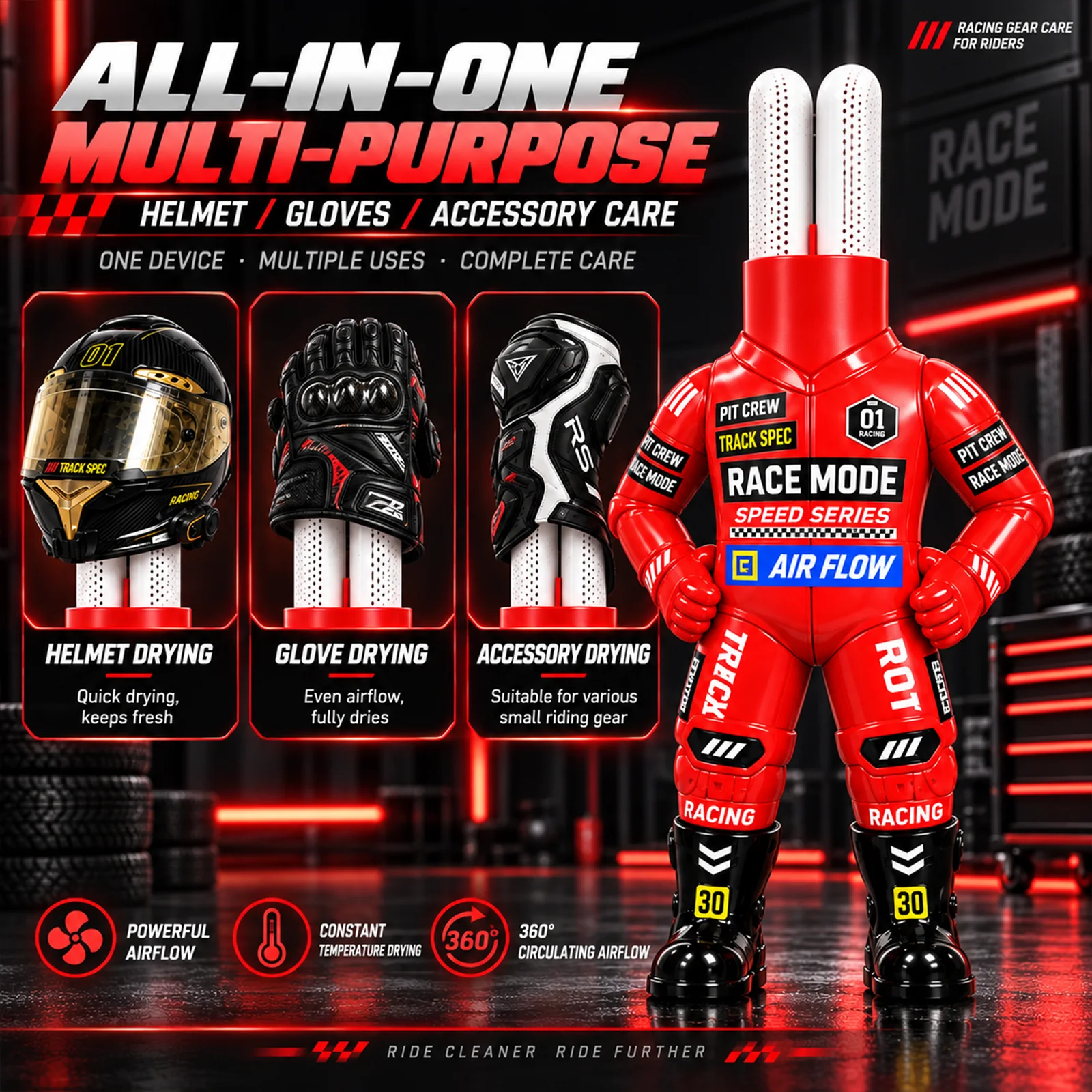 Riding Gear - バイク用ヘルメット乾燥機、レーシングピットクルー風デザイン、360度循環式空気乾燥装置。ライディンググローブ、ブーツ、プロテクターなどの乾燥に。