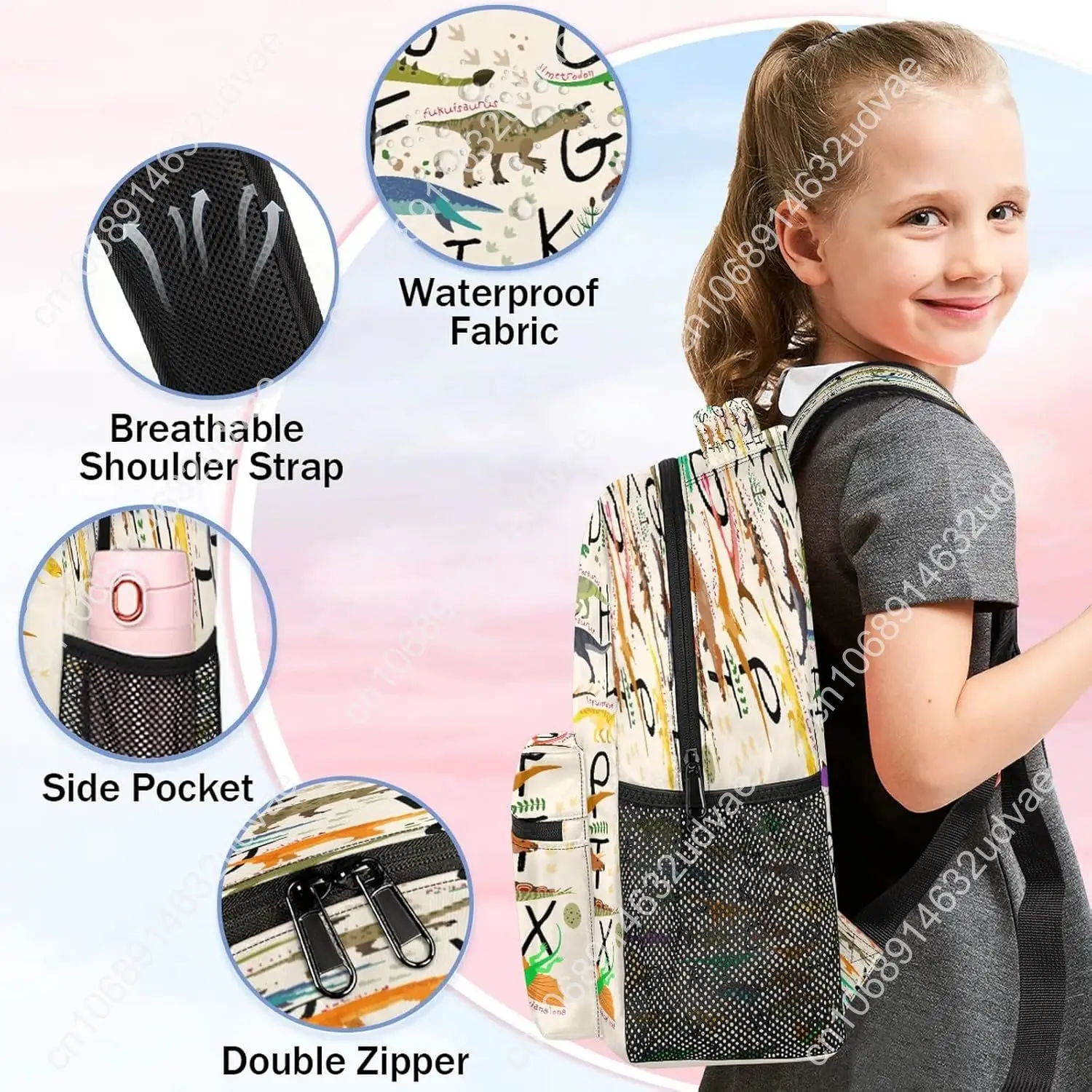AUUXVA Alphabet Dinosaur Backpack for School Kids Girls Boys Education Letter Bookbag Laptop Backpack 14 Inch Travel Daypack Stu