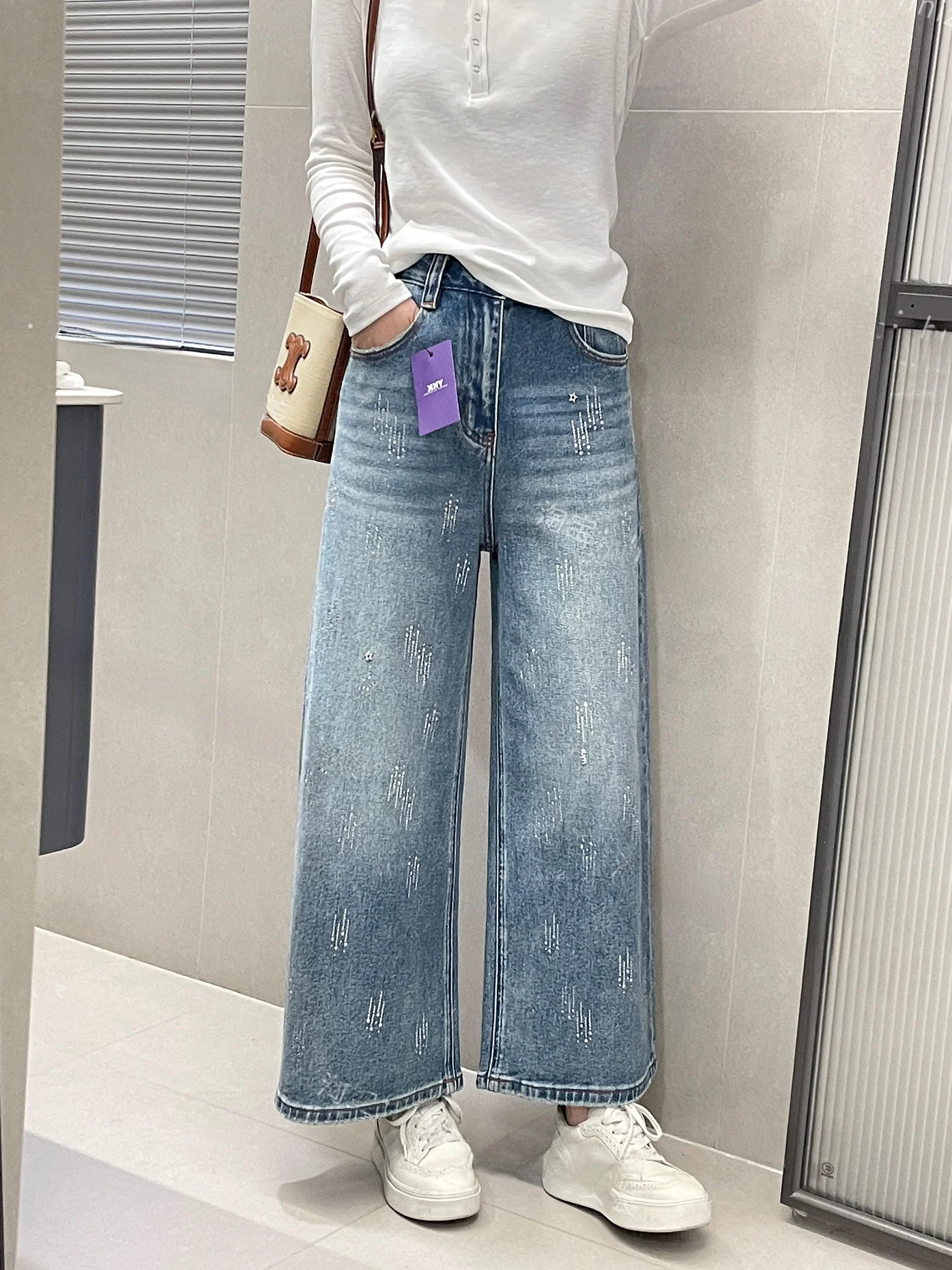 

Женские укороченные джинсы с широкими штанинами, украшенные блестящими стразами, с высокой талией, прямого кроя, весенний дизайн, повседневный стиль