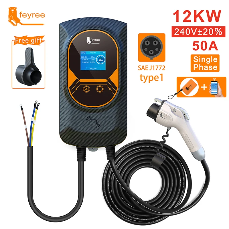 Feyree EV cargador Type1 EVSE Wallbox 32A 7.6KW 40A 9.6KW 50A 12KW 1 fase j1772 adaptador Control de aplicación para vehículo eléctrico