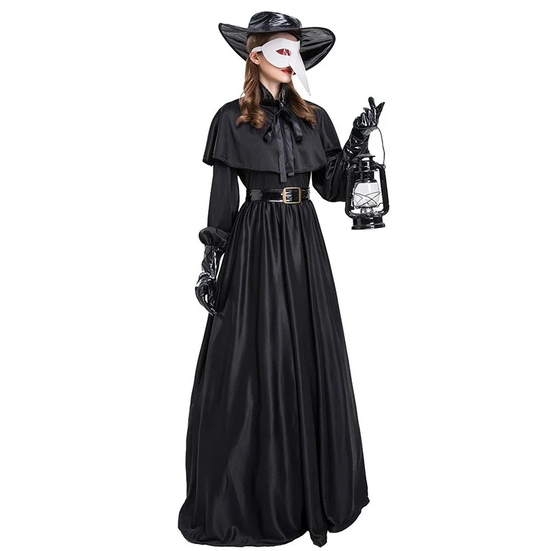 Medieval Steampunk Gothic Black Horror Doctor Costume Women Crow Bill Costumes Dress with Hat Mask Gloves Belt Head Cover