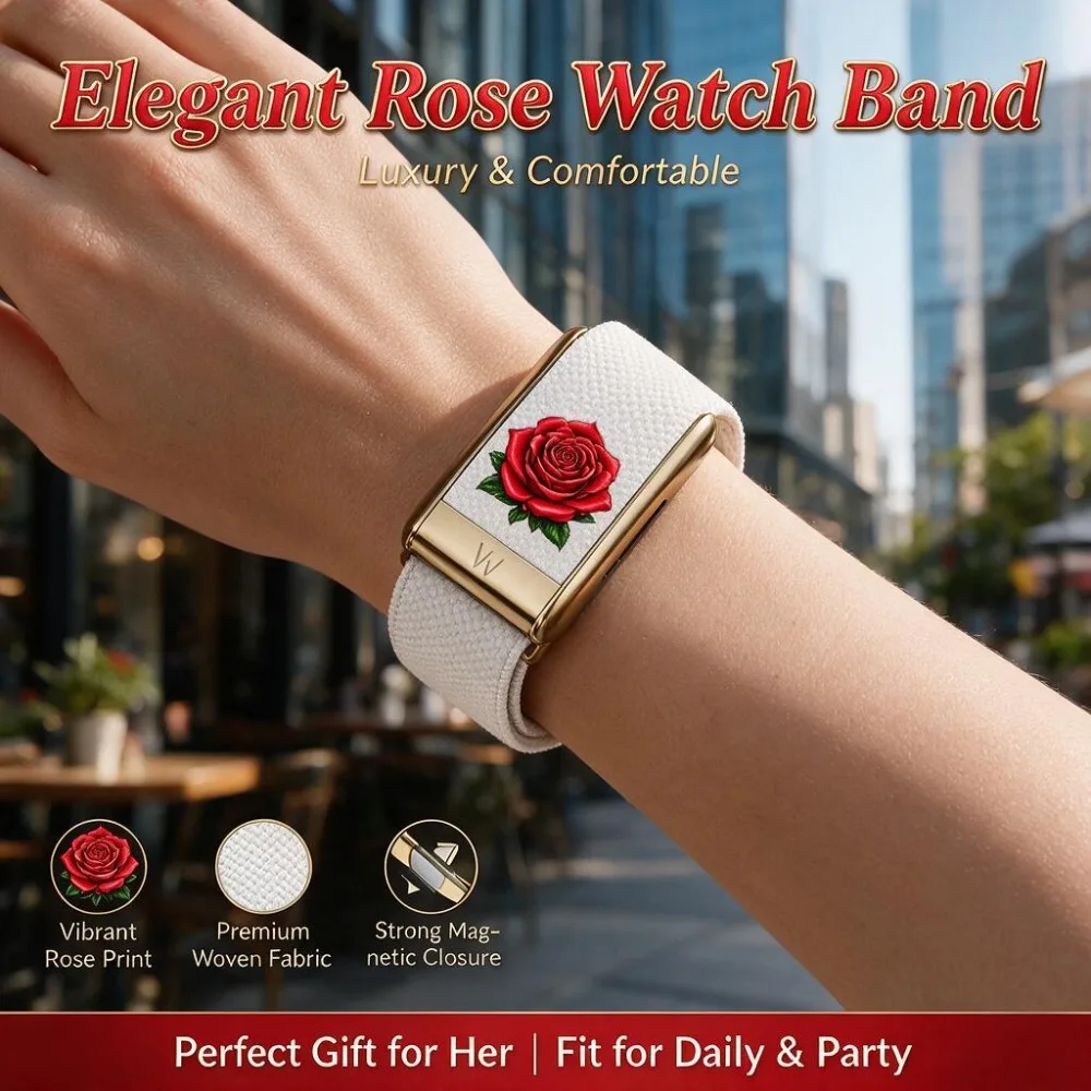 For WHOOP 5.0 MG Red Rose Graphic Nylon Woven Elastic Metal Sport Replacement Band Wrist Strap Fitness Fashion Accessory