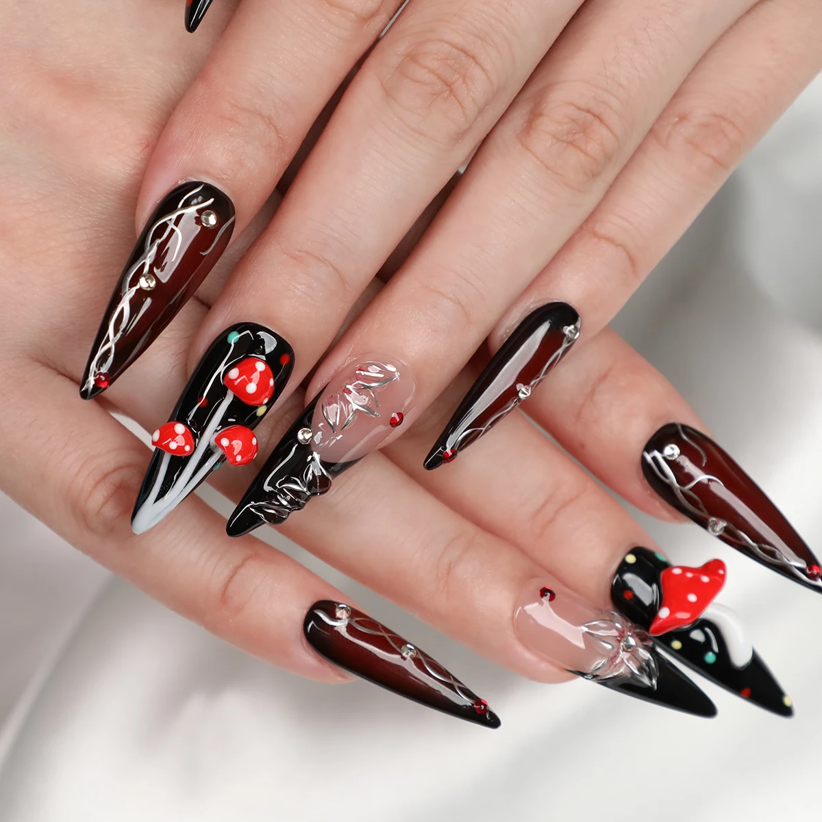 

Halloween 3D Red Mushroom Press On Nails | Black Medium Long Stiletto Fake Nails | Reusable Nail Art