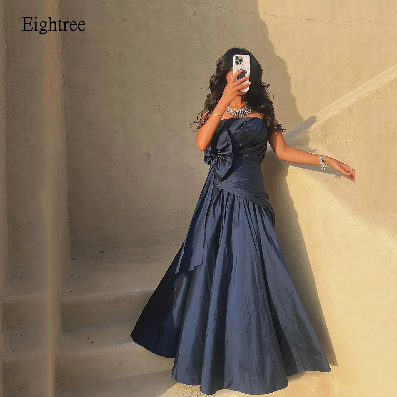 

Eightree Navy Blue A-line Evening Dresses Strapless With Bow Prom Gown Floor Length Formal Party Gowns Newest Customized