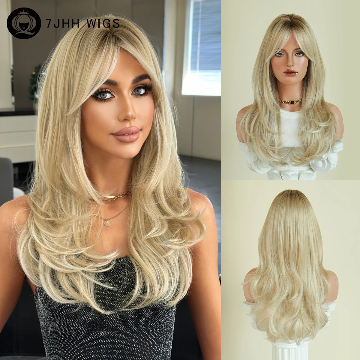 Lange, gerade, geschichtete blonde Perücke für Damen – Hochdichte synthetische, modische blonde Perücken mit Mittelscheitel und Vorhangfransen