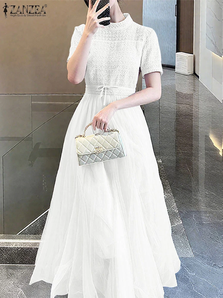 Zanzea elegante vestidos de festa para mulheres manga curta gola vestidos longos malha retalhos arco casual renda maxi vestido de verão robe