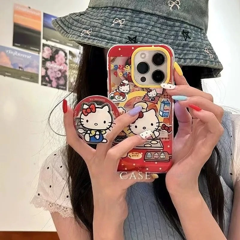 

Kawaii anime Crayon Hello Kitty Magnetic Holder Magsafe Phone Case For iPhone 16pro 15 14 13 Pro Max Magnetic Bracket Hard Cover