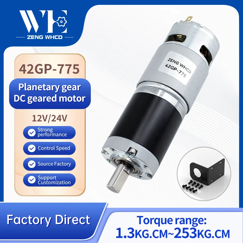 

42GP-775 Миниатюрный планетарный мотор-редуктор постоянного тока, выходный вал 10 мм, цельнометаллическая шестерня 12 В ~ 24 В, матовый двигатель постоянного тока, крутящий момент до 253 кг