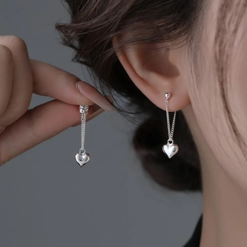 

Винтажные серебряные серьги-кольца S925 для женщин, модные корейские серьги-капли с цепочкой в форме сердца, предотвращающие аллергию, вечерние готические ювелирные изделия в стиле панк