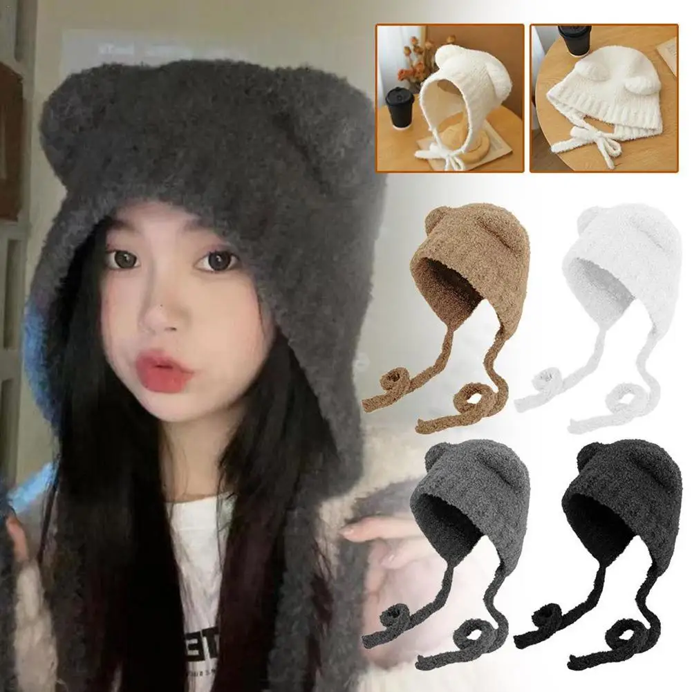 

Cute Girl Knit Bear Ear Protection Hat Women Earmuffs Cap Woolen Crochet Bonnet Solid Color Hood Beanies Winter Warm Cap
