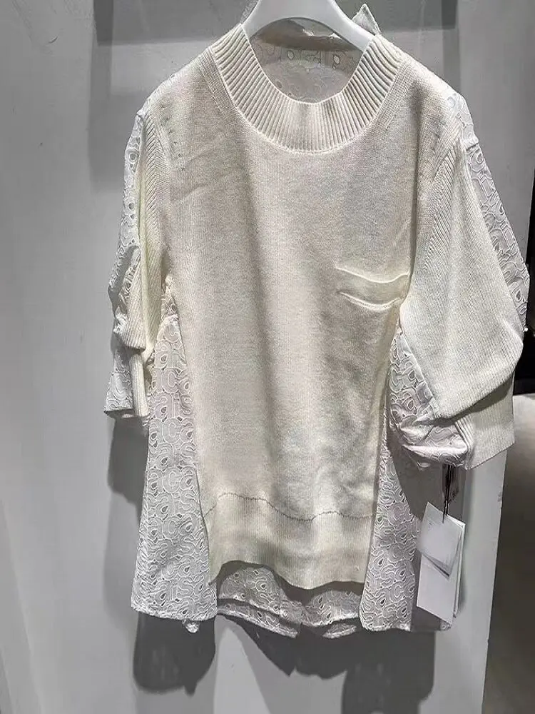 SAC 2026 loose knitted jumper with letters on the back, hollow splicing short-sleeved T-shirt