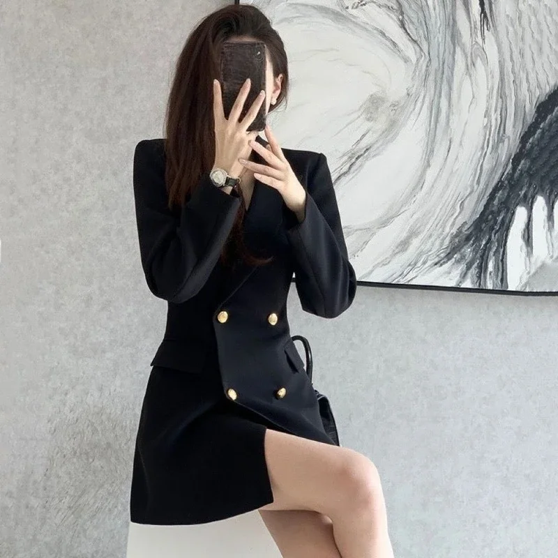 

Premium Women's Black Double Breasted Slim Fit Mid Length Blazer 2025 Spring Autumn New Arrival Stylish Unique Suit Jacket