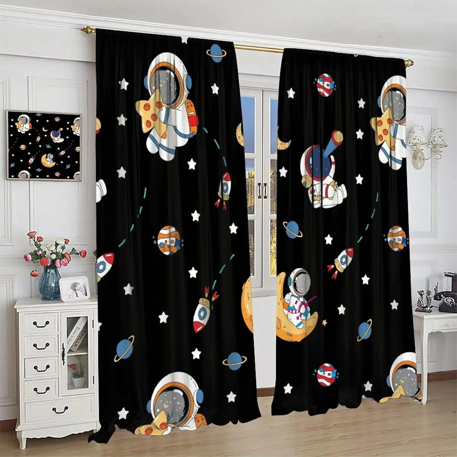 Outer Space Curtains,Cartoon Astronaut Rocket Planets Stars Spaceman Cartoon Universe Galaxy Print Window Curtains for Kids Boys