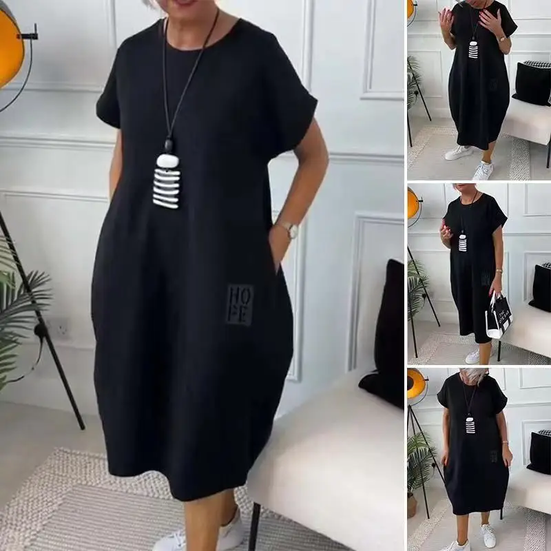 

O Neck Print Knee Length Dress Women Short Sleeve Dress Casual Loose Fit Slight Strech 2025 Summer Spliced Pockets Pullover