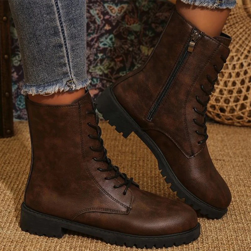 

Британские однотонные женские ботильоны на молнии, осенне-зимние короткие ботинки на шнуровке с круглым носком, женская обувь из искусственной кожи, женские ботинки