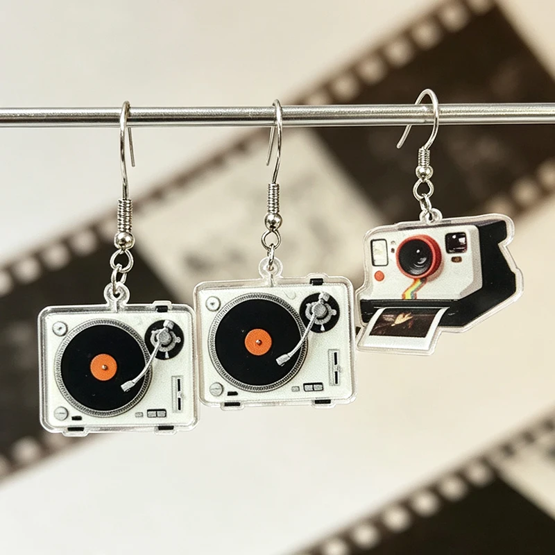 New 2D Retro Vinyl Tape Recorder Instant Camera Earrings Nostalgic Music Photography Design Stainless Steel Earrings Gift