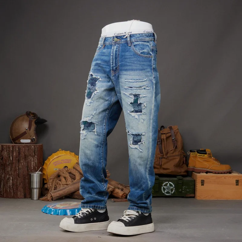Men's Spring Summer Denim Pants American Style, Washed, Ripped, Loose, Slim Fit, Harem, Straight, Versatile, Daily Casual