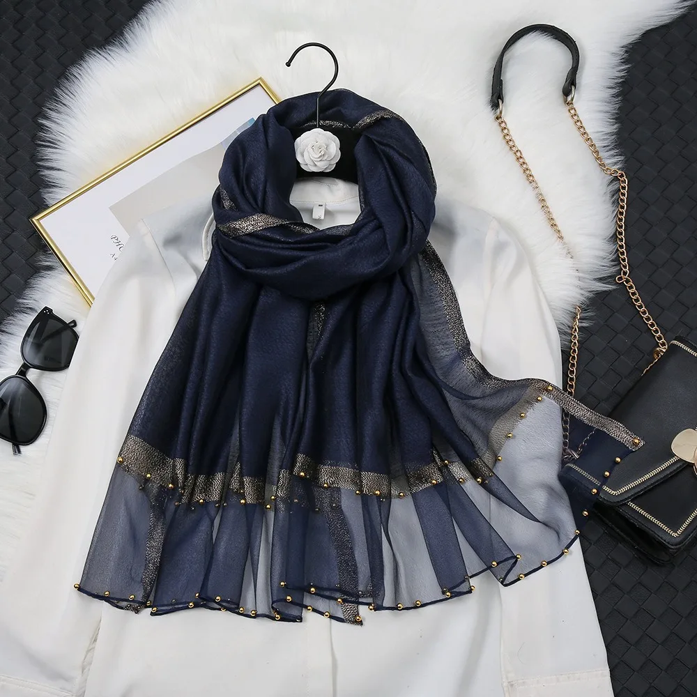 

Soft Bead Luxury Silk Scarf Thin Large Women Hijab Shawls Long Turban Headband Organza Scarf Daily