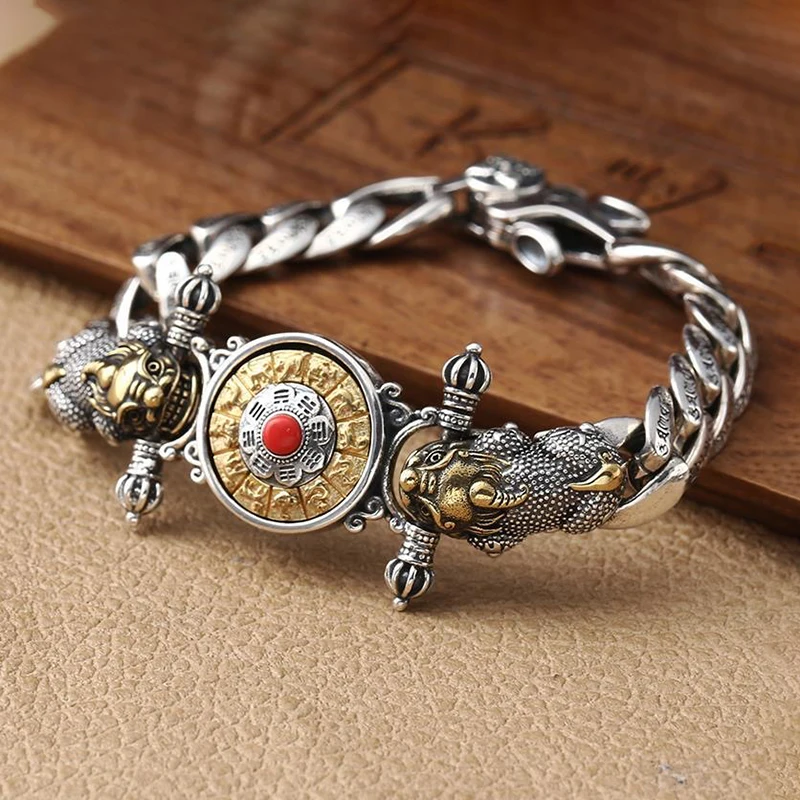 National Tide Retro Kylin Silver Bracelet Six-Character Mantra Auspicious Chain Men Party Jewelry Chinese Domineering Gift