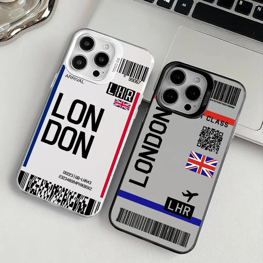 Funda de teléfono con billete de viaje de avión británico para iPhone 17 16 15 14 13 12 11 Pro Max negro púrpura mate láser metálico Aurora Funda