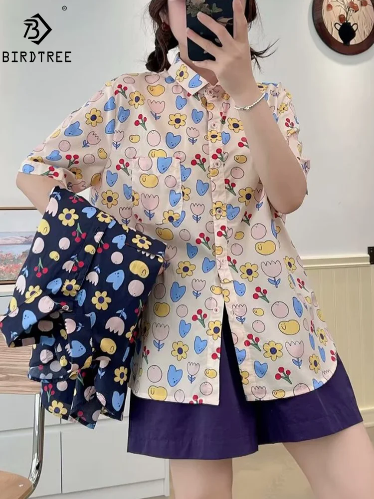 

New Summer Cotton Short Sleeve Shirts Lapel Cartoon Print Tops Cute Girl Casual Retro Loose Chic Blouse 2024 Autumn T462145QM