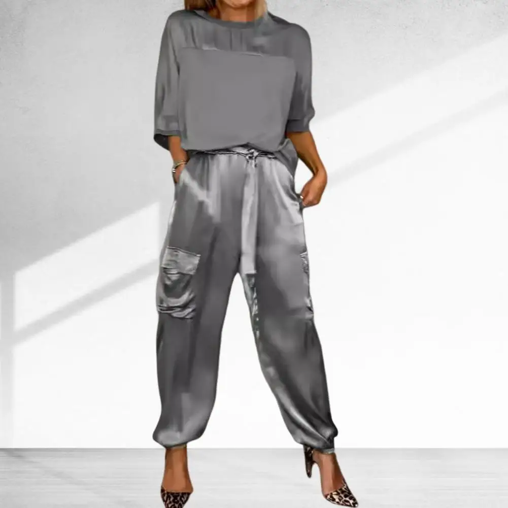 

2024 New Summer Fashion Outfits Satin Pant Sets Women Round Neck Long sleeved Top Long Pants Casual Loose Two Piece Set