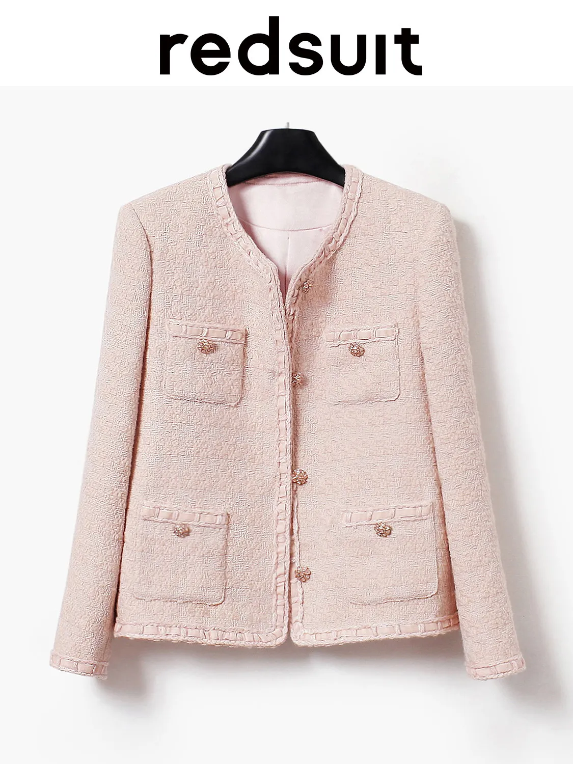 New Romantic Pink Four Pocket Single breasted Coarse Floral Coat Loose Versatile Top