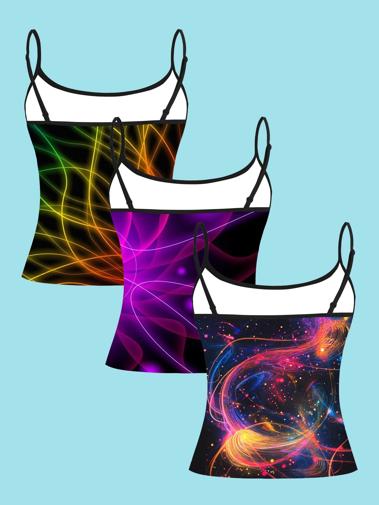 3-Pack Neon Light Silk Trail Print Camisole for Women, Black Base with Fluorescent Lines and Nebula Particle Pattern, Slim Fit Spaghetti Strap Inner Top