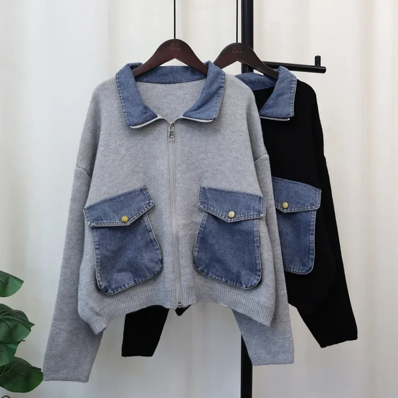 Women Denim Sweater 2024 Cardigan Kintted Button Loose Spring Autumn Vintage Winter Streetwear Y2k Jumper Coat Cardigans